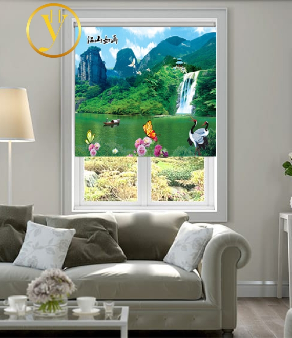 Rèm cuốn cửa sổ in tranh mới – Không gian phòng khách BTK36